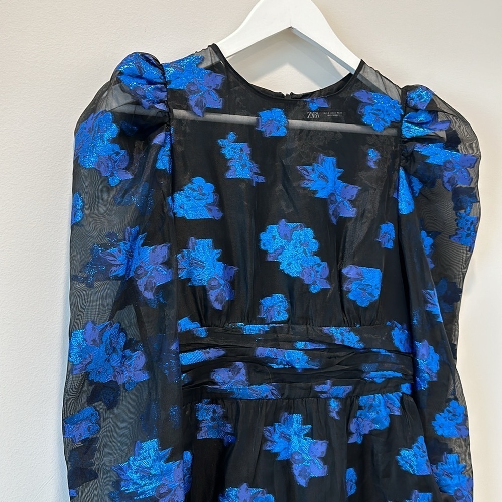 Zara Black Tiered Ruffle Organza Blue Floral Long Sleeve Mini Dress Size Small - Picture 6 of 11